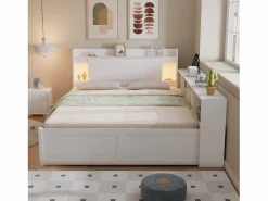 Discount Cama doble con canapé - 140 x 200 cm - cabecero con canapé + 2 luces - armarios laterales + cajón - aglomerado + MDF - Cama Con Canapé|Cama Con Almacenaje
