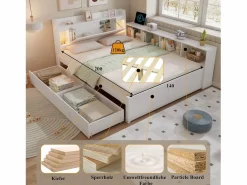 Discount Cama doble con canapé - 140 x 200 cm - cabecero con canapé + 2 luces - armarios laterales + cajón - aglomerado + MDF - Cama Con Canapé|Cama Con Almacenaje
