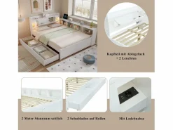 Discount Cama doble con canapé - 140 x 200 cm - cabecero con canapé + 2 luces - armarios laterales + cajón - aglomerado + MDF - Cama Con Canapé|Cama Con Almacenaje
