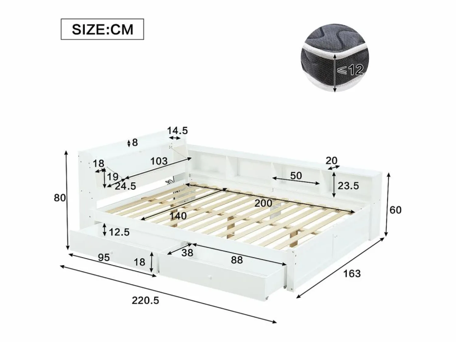 Discount Cama doble con canapé - 140 x 200 cm - cabecero con canapé + 2 luces - armarios laterales + cajón - aglomerado + MDF - Cama Con Canapé|Cama Con Almacenaje