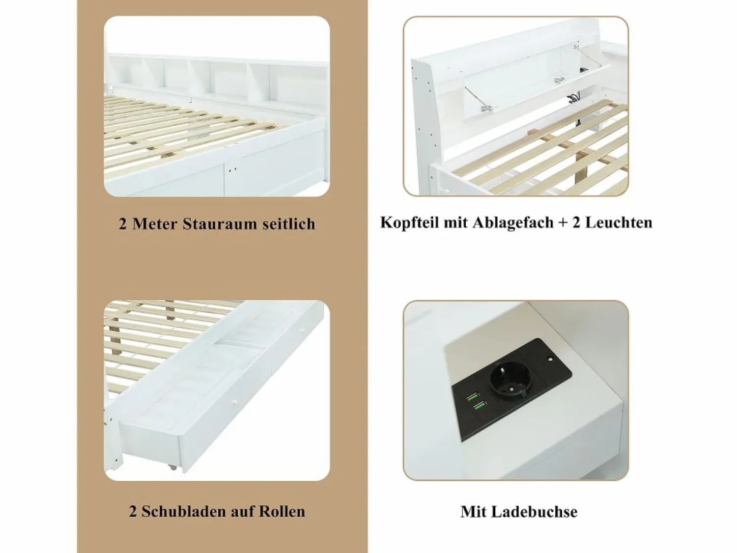 Discount Cama doble con canapé - 140 x 200 cm - cabecero con canapé + 2 luces - armarios laterales + cajón - aglomerado + MDF - Cama Con Canapé|Cama Con Almacenaje
