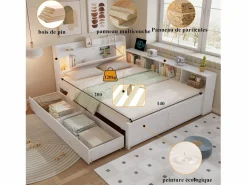 Discount Cama doble con canapé - 140 x 200 cm - cabecero con canapé + 2 luces - armarios laterales + cajón - aglomerado + MDF - Cama Con Canapé|Cama Con Almacenaje