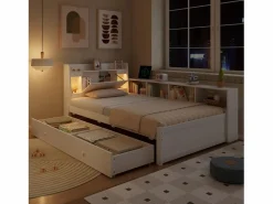 Cama doble con canapé - 90 x 200 cm - cabecero con canapé + 2 luces - Armarios laterales + cajón - aglomerado + MDF - Cama Con Canapé|Cama Infantil