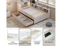Cama doble con canapé - 90 x 200 cm - cabecero con canapé + 2 luces - Armarios laterales + cajón - aglomerado + MDF - Cama Con Canapé|Cama Infantil