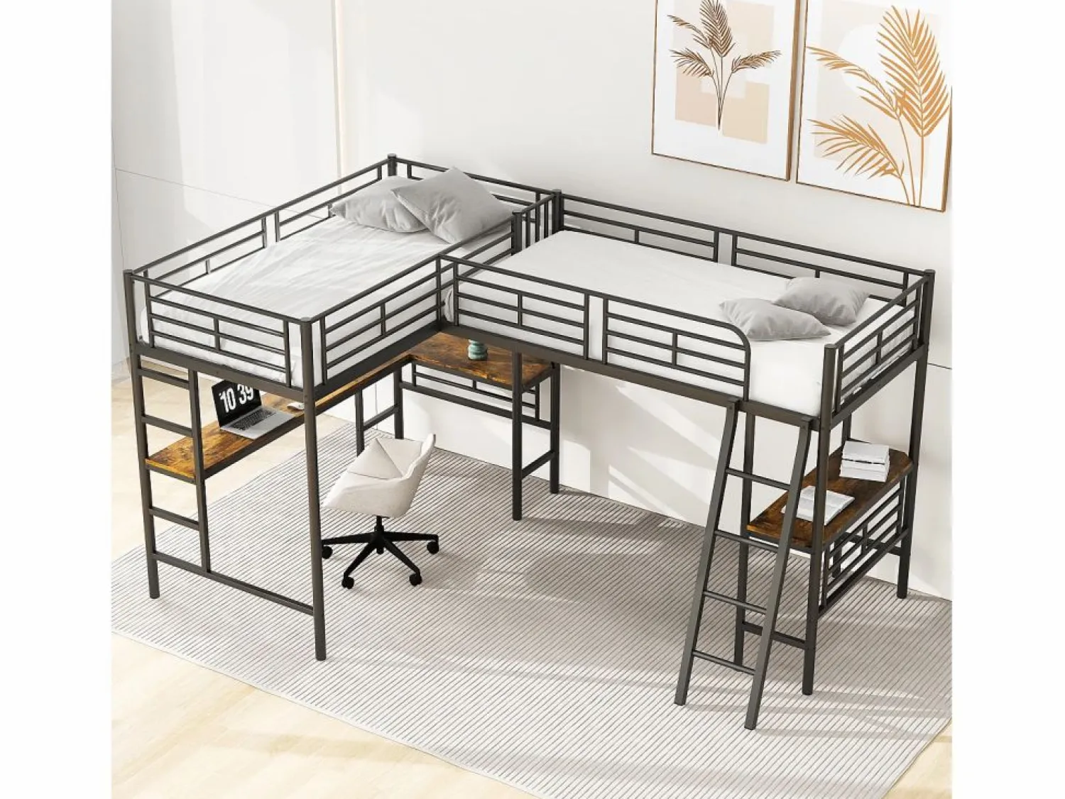 Best Merax Cama doble entreplanta - 2 x 90 x 200 cm - con escritorio de esquina y escalera - metal - Negro
