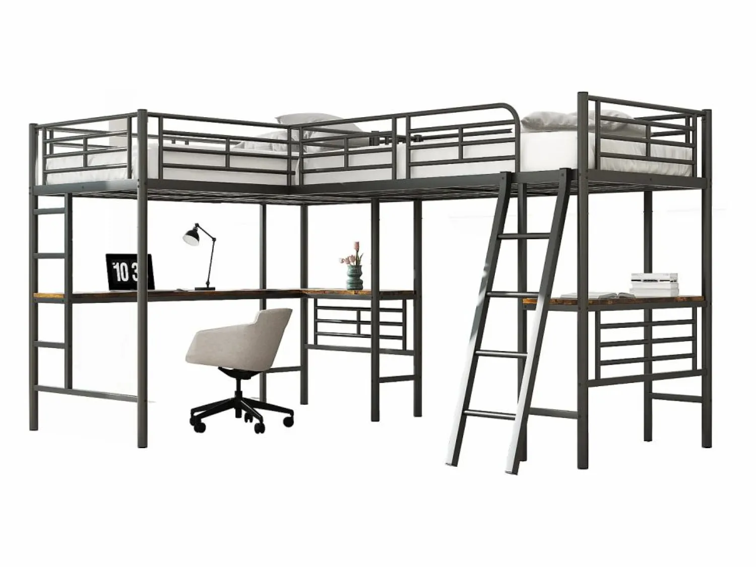 Best Merax Cama doble entreplanta - 2 x 90 x 200 cm - con escritorio de esquina y escalera - metal - Negro