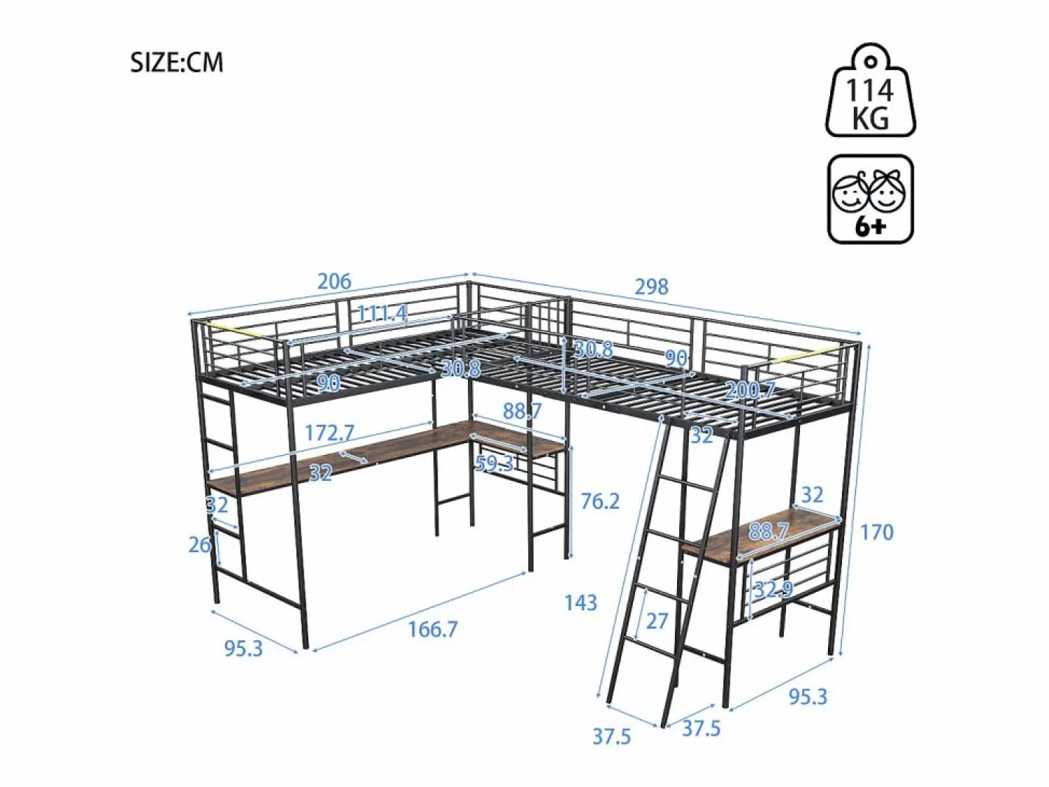 Best Merax Cama doble entreplanta - 2 x 90 x 200 cm - con escritorio de esquina y escalera - metal - Negro