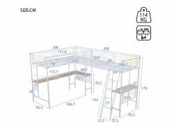 Best Cama doble entreplanta - 2 x 90 x 200 cm - con escritorio esquinero y escalera - metal - Cama Alta