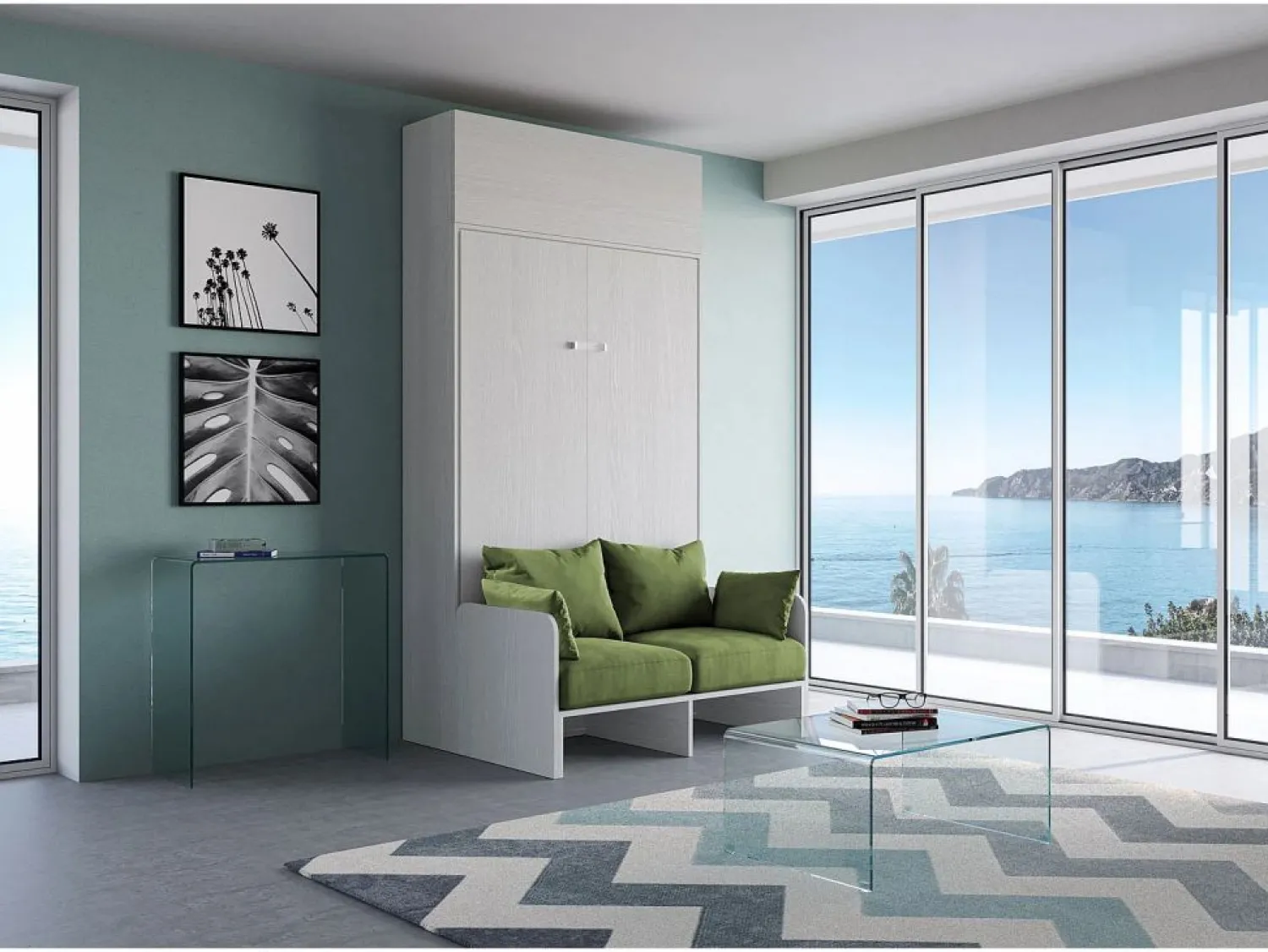 ITAMOBY Cama doble plegable francesa Kentaro de 140 cm con sofá y mueble alto de fresno , color verde