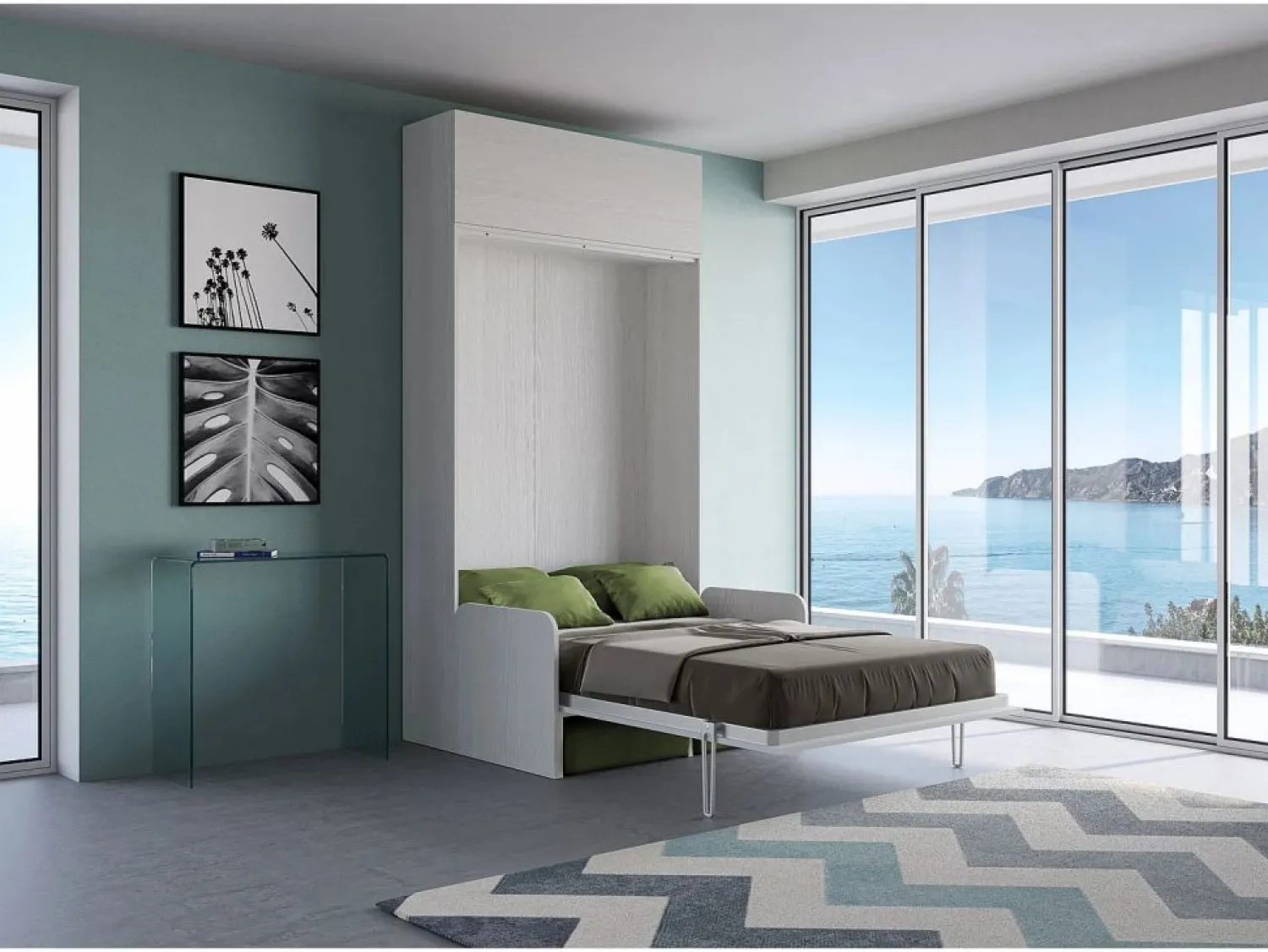 ITAMOBY Cama doble plegable francesa Kentaro de 140 cm con sofá y mueble alto de fresno , color verde