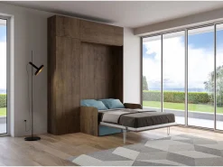 Outlet ITAMOBY Cama doble plegable francesa Kentaro de 140 cm con sofá y muebles de nogal, azul claro Marru00f3n