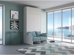 ITAMOBY Cama doble plegable francesa Kentaro de 140 cm con sofá y mueble alto de fresno , azul claro