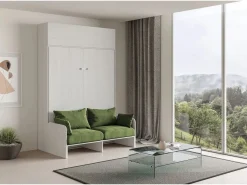 Sale Cama doble plegable Kentaro de 160 cm con sofá y mueble alto de fresno , color verde Cama Abatible