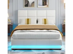 Cama doble tapizada 140x190 cm con iluminación LED, somier de láminas y almacenaje, PU, color blanco