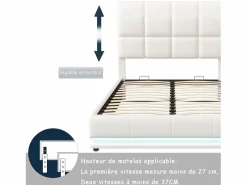 Cama doble tapizada 140x190 cm con iluminación LED, somier de láminas y almacenaje, PU, color blanco