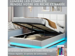 Cama doble tapizada 140x190 cm con iluminación LED, somier de láminas y almacenaje, PU, color blanco