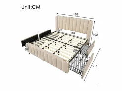 New Cama doble tapizada 180x200cm en lino , con 4 cajones + USB y Tipo C, carga máx. 226 kg (sin colchón) Cama Con Almacenaje|Cama Adulto