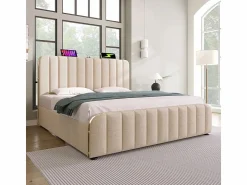 New Cama doble tapizada 180x200cm en lino , con 4 cajones + USB y Tipo C, carga máx. 226 kg (sin colchón) Cama Con Almacenaje|Cama Adulto