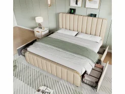 New Cama doble tapizada 180x200cm en lino , con 4 cajones + USB y Tipo C, carga máx. 226 kg (sin colchón) Cama Con Almacenaje|Cama Adulto