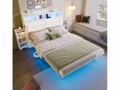 Discount Cama doble 140x190 cm diseño moderno con almacenaje y luz led hierro dormitorio (Sin colchón) Cama Con Almacenaje|Cama Adulto