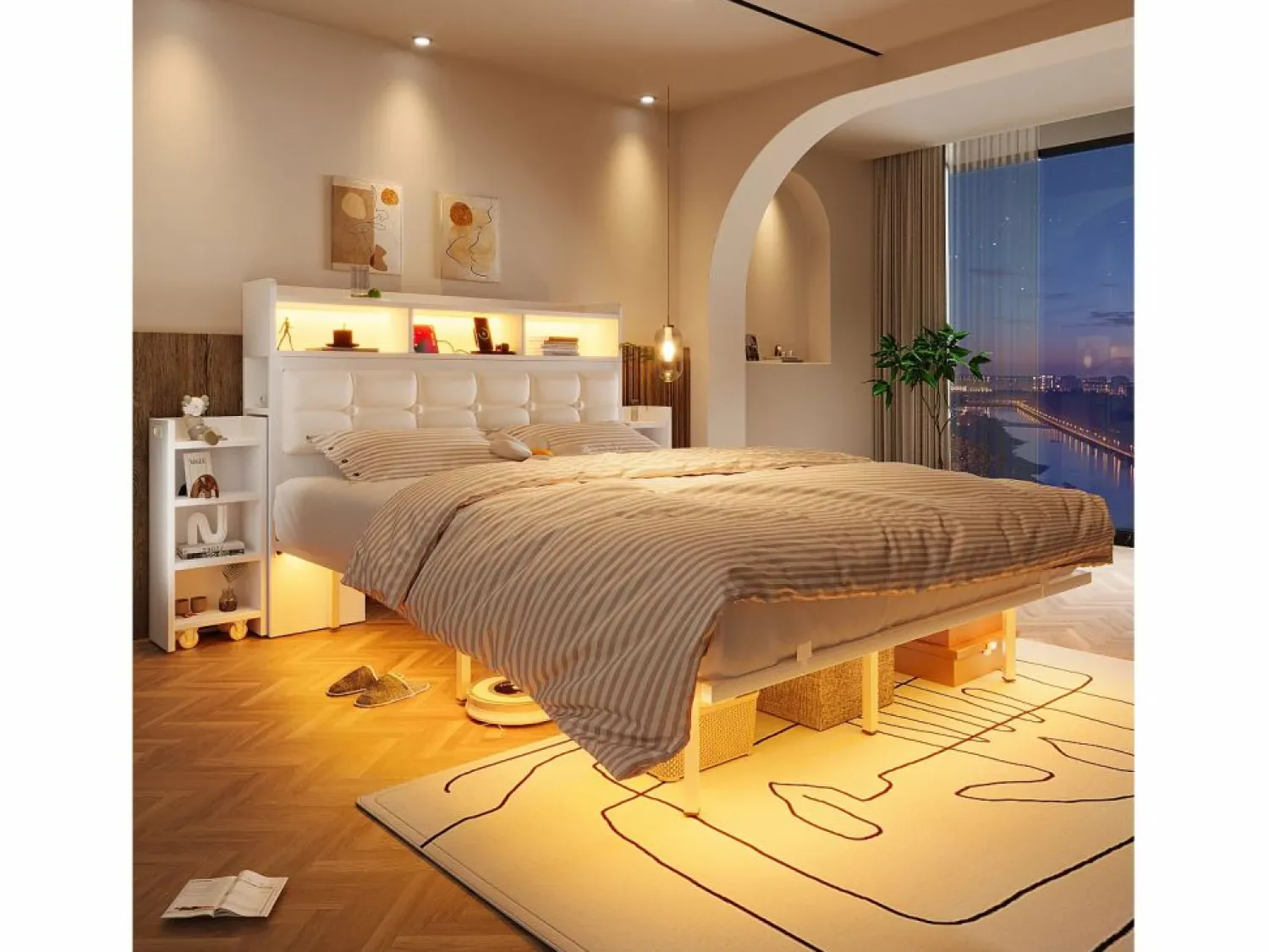 Discount Cama doble 140x190 cm diseño moderno con almacenaje y luz led hierro dormitorio (Sin colchón) Cama Con Almacenaje|Cama Adulto