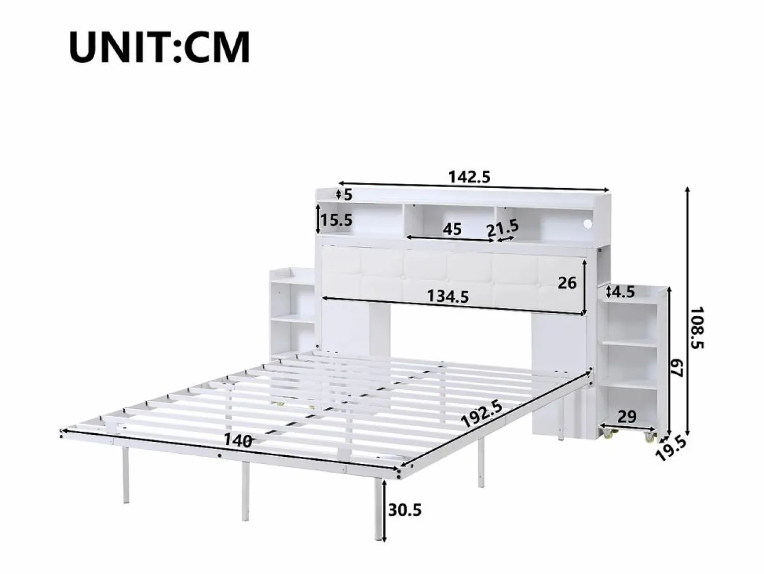 Discount Cama doble 140x190 cm diseño moderno con almacenaje y luz led hierro dormitorio (Sin colchón) Cama Con Almacenaje|Cama Adulto