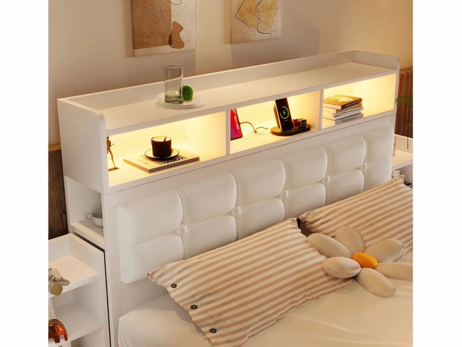 Discount Cama doble 140x190 cm diseño moderno con almacenaje y luz led hierro dormitorio (Sin colchón) Cama Con Almacenaje|Cama Adulto