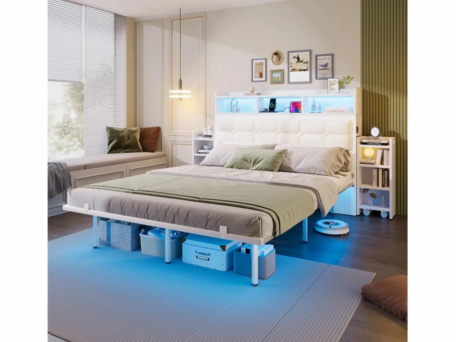 Discount Cama doble 140x190 cm diseño moderno con almacenaje y luz led hierro dormitorio (Sin colchón) Cama Con Almacenaje|Cama Adulto