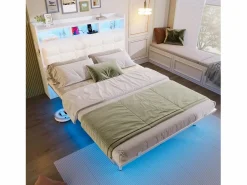 Discount Cama doble 140x190 cm diseño moderno con almacenaje y luz led hierro dormitorio (Sin colchón) Cama Con Almacenaje|Cama Adulto