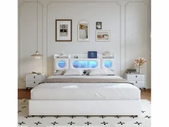 Best Cama doble 140x200cm con cabecero LED - espacio de almacenamiento y puerto USB - canapé hidráulico - PU - Blanco
