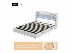 Best Cama doble 140x200cm con cabecero LED - espacio de almacenamiento y puerto USB - canapé hidráulico - PU - Blanco
