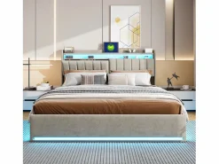 Outlet Cama doble 160x200cm con iluminación LED y almacenaje hidráulico - cabecero con puertos USB y compartimentos de almacenaje - terciopelo - Gris