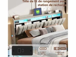 Outlet Cama doble 160x200cm con iluminación LED y almacenaje hidráulico - cabecero con puertos USB y compartimentos de almacenaje - terciopelo - Gris