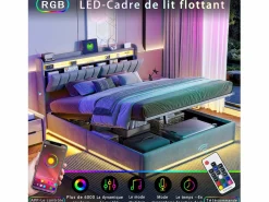 Outlet Cama doble 160x200cm con iluminación LED y almacenaje hidráulico - cabecero con puertos USB y compartimentos de almacenaje - terciopelo - Gris