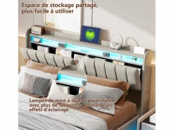 Outlet Cama doble 160x200cm con iluminación LED y almacenaje hidráulico - cabecero con puertos USB y compartimentos de almacenaje - terciopelo - Gris