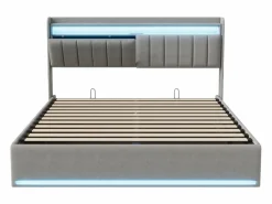 Outlet Cama doble 160x200cm con iluminación LED y almacenaje hidráulico - cabecero con puertos USB y compartimentos de almacenaje - terciopelo - Gris