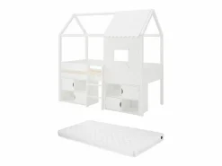 Discount Vente-unique Cama elevada estilo cabaña 90 x 190 cm en pino y MDF en color + colchón - VALESKIA Blanco