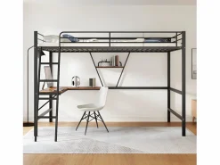 ModernLuxe Cama entrepiso de hierro - 90x200 cm - con escritorio esquinero y estante -