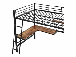 ModernLuxe Cama entrepiso de hierro - 90x200 cm - con escritorio esquinero y estante -