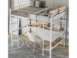 Best ModernLuxe Cama entrepiso de hierro - 90x200 cm - con escritorio y 5 estantes - Blanco