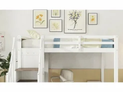 ModernLuxe Cama entrepiso de madera - 90x200 cm - con escritorio, estantes y escalera de almacenamiento - Blanco