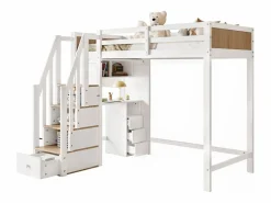 ModernLuxe Cama entrepiso de madera - 90x200 cm - con escritorio, estantes y escalera de almacenamiento - Blanco