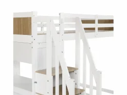 ModernLuxe Cama entrepiso de madera - 90x200 cm - con escritorio, estantes y escalera de almacenamiento - Blanco