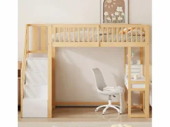 Online Cama entrepiso de madera 90x200 cm - con mesa y escalera de almacenamiento - Natural y Blanco Cama Alta