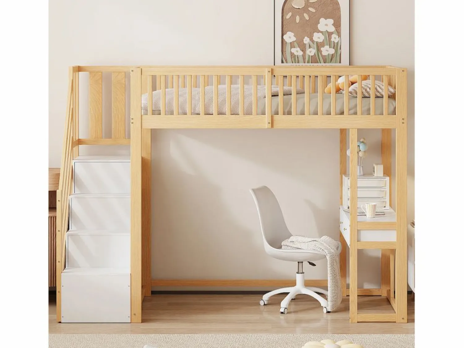Online Cama entrepiso de madera 90x200 cm - con mesa y escalera de almacenamiento - Natural y Blanco Cama Alta