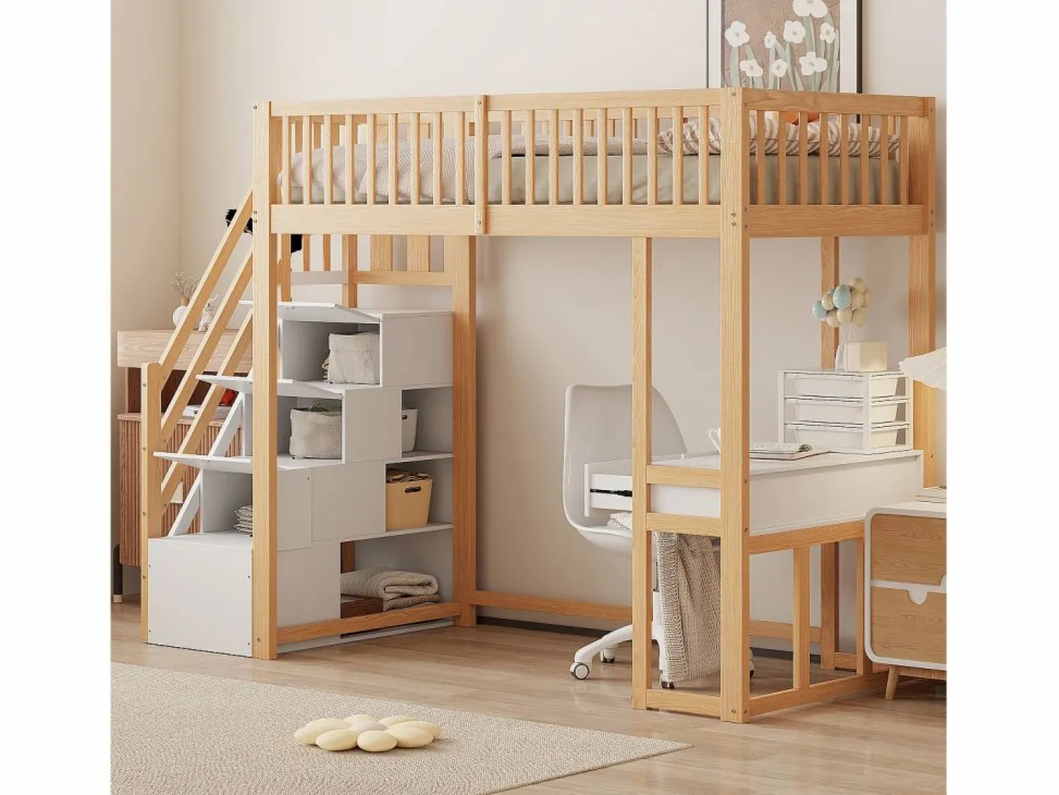 Online Cama entrepiso de madera 90x200 cm - con mesa y escalera de almacenamiento - Natural y Blanco Cama Alta