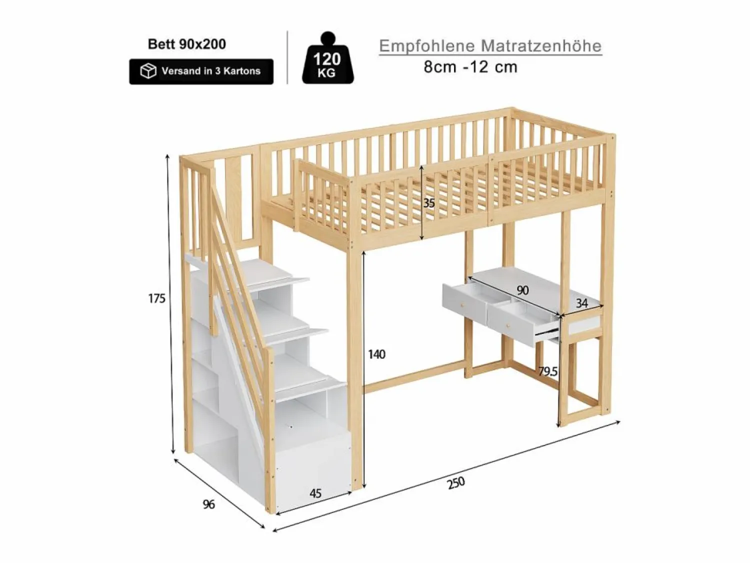 Online Cama entrepiso de madera 90x200 cm - con mesa y escalera de almacenamiento - Natural y Blanco Cama Alta