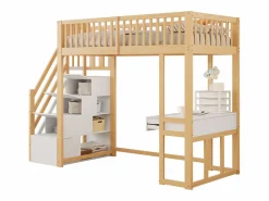 Online Cama entrepiso de madera 90x200 cm - con mesa y escalera de almacenamiento - Natural y Blanco Cama Alta