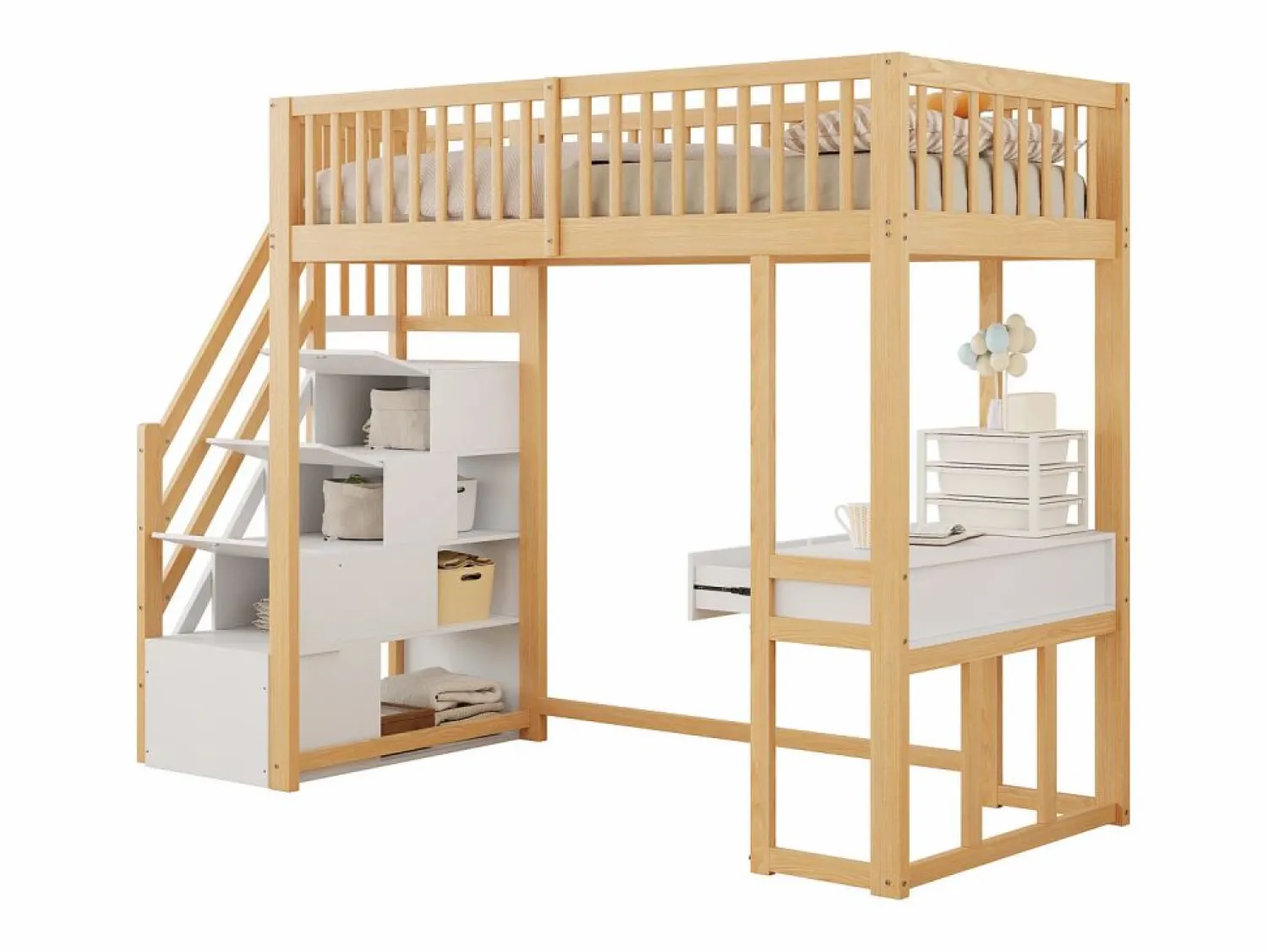 Online Cama entrepiso de madera 90x200 cm - con mesa y escalera de almacenamiento - Natural y Blanco Cama Alta