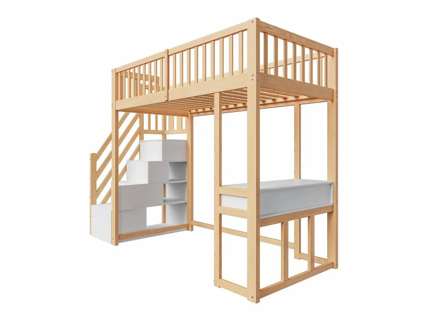 Online Cama entrepiso de madera 90x200 cm - con mesa y escalera de almacenamiento - Natural y Blanco Cama Alta